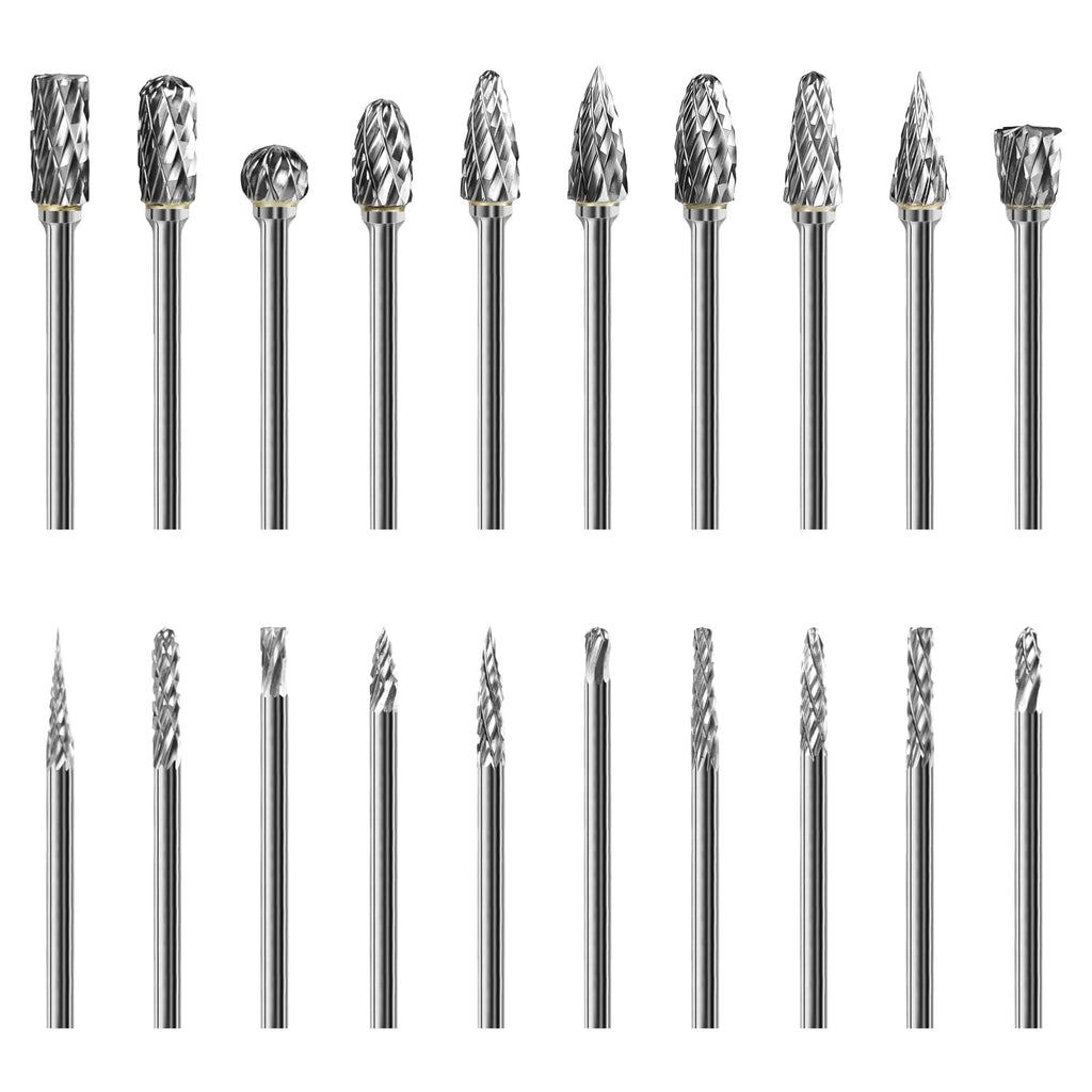 Carbide Burr Set,20PCS Double Cut Rotary Burr Set 1/8" Shank Tungsten Steel for Metal and Wood Carving, Polishing, Engraving, Drilling in Sturdy Round Case. Set-20