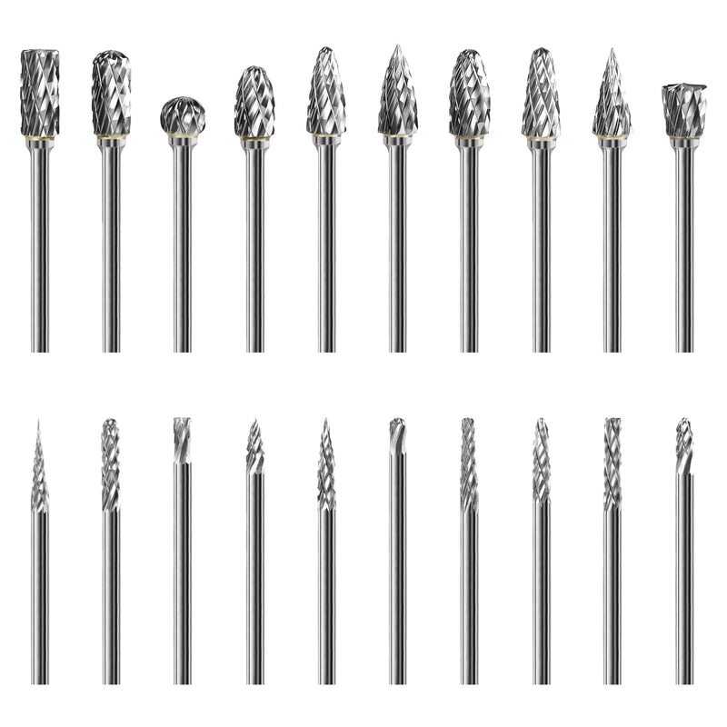 Carbide Burr Set,20PCS Double Cut Rotary Burr Set 1/8" Shank Tungsten Steel for Metal and Wood Carving, Polishing, Engraving, Drilling in Sturdy Round Case. Set-20