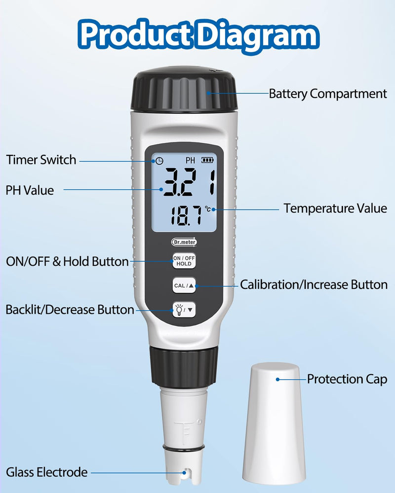 PH Meter, Dr.meter PH Meter Water 0.01 High Precision PH Value Meter with Alarm LCD Display and Automatic Temperature Compensation for Water, Aquarium, Pond, Pool with Calibration Powder 1