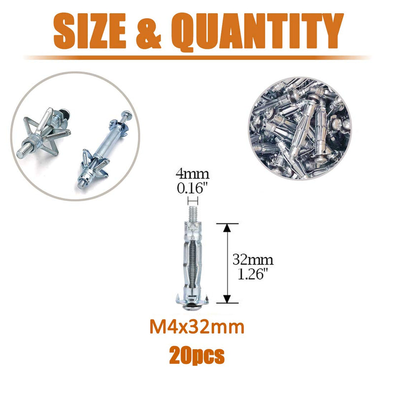 [Australia - AusPower] - ISPINNER 20pcs M4x32mm Zinc Plated Steel Molly Bolt Hollow Drive Wall Anchor Screws for Drywall, Plaster and Tile 