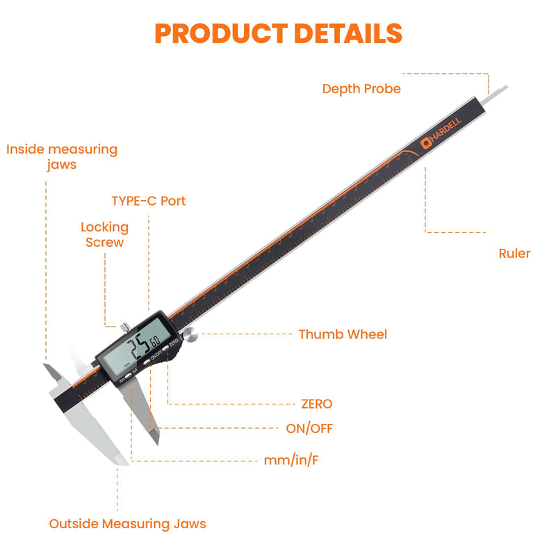 [Australia - AusPower] - HARDELL Digital Caliper 12 Inch, Rechargeable Calipers with Large LCD Screen, Stainless Steel Digital Caliper Measuring Tool, Auto-Off, Inch/MM/Fraction for DIY/Household/3D-printing 