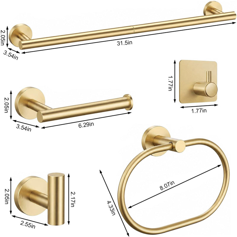 Brushed Gold Bathroom Accessories Set, 7 Pieces Gold Towel Bar Bathroom Hardware Set, 31.5 Inch Towel Racks for Bathroom, SUS304 Stainless Steel Bathroom Towel Holder Toilet Paper Holder Wall Mounted Brusehd Gold
