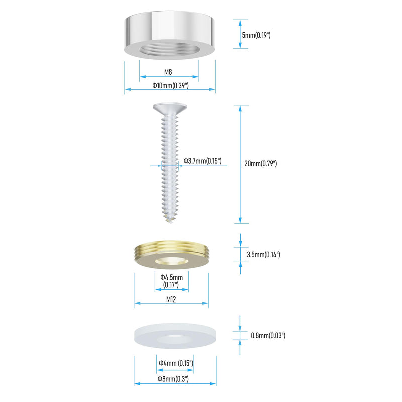[Australia - AusPower] - 8 PCS 10mm(0.39") Mirror Screws, Brass Decorative Caps Cover Fasteners, Metal Mirror Nails, Polished Flat Silver Lid (Bright Silver) 