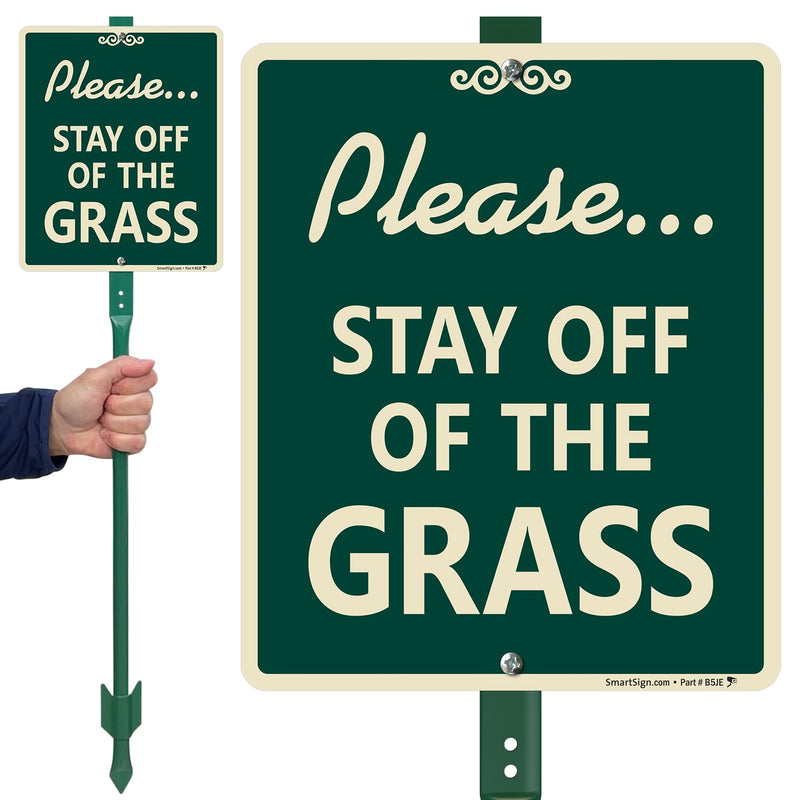 SmartSign 12 x 10 inch “Please Stay Off Of The Grass” LawnBoss Yard Sign with 3 foot Stake, 40 mil Laminated Rustproof Aluminum, White and Green, Set of 1