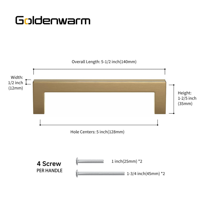 Goldenwarm 10 Pack 5 Inch (128mm) Champagne Bronze Cabinet Handles Square Drawer Pulls for Kitchen Cabinets Cupboard Dresser and Bathroom Vanity Hardware 5in Hole Centers