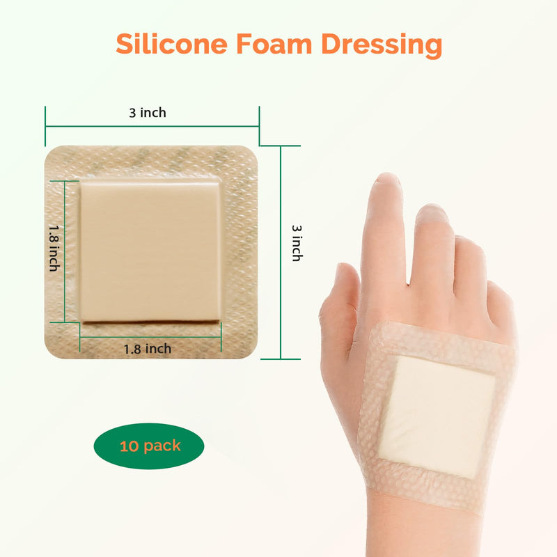 [Australia - AusPower] - Silicone Foam Dressing 3x3 Inch with Border 10 Packs Adhesive Waterproof Wound Dressing Bandages for Wound Care High Absorbency Foam Pad Bandaid 3 x 3 Inch(10pcs) 