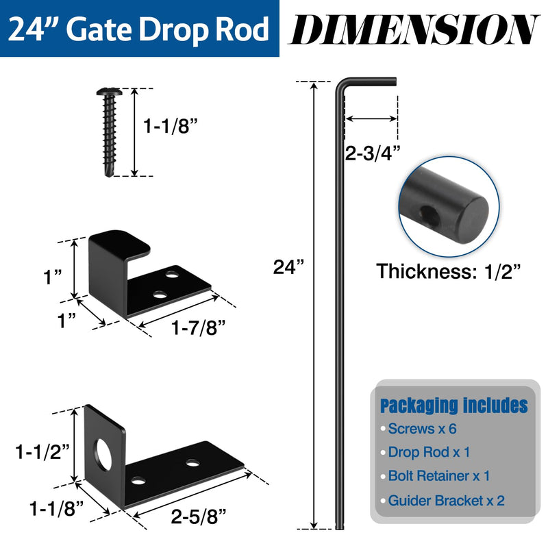 Heavy Duty Cane Bolt Gate Drop Rod, 24" Black Gate Latches Hardware for Wood Fence/Metal/Vinyl/Double Gates, Outdoor Gate Ground Latch Drop Rod with Mounting Screws, 1 Pack 24 Inch