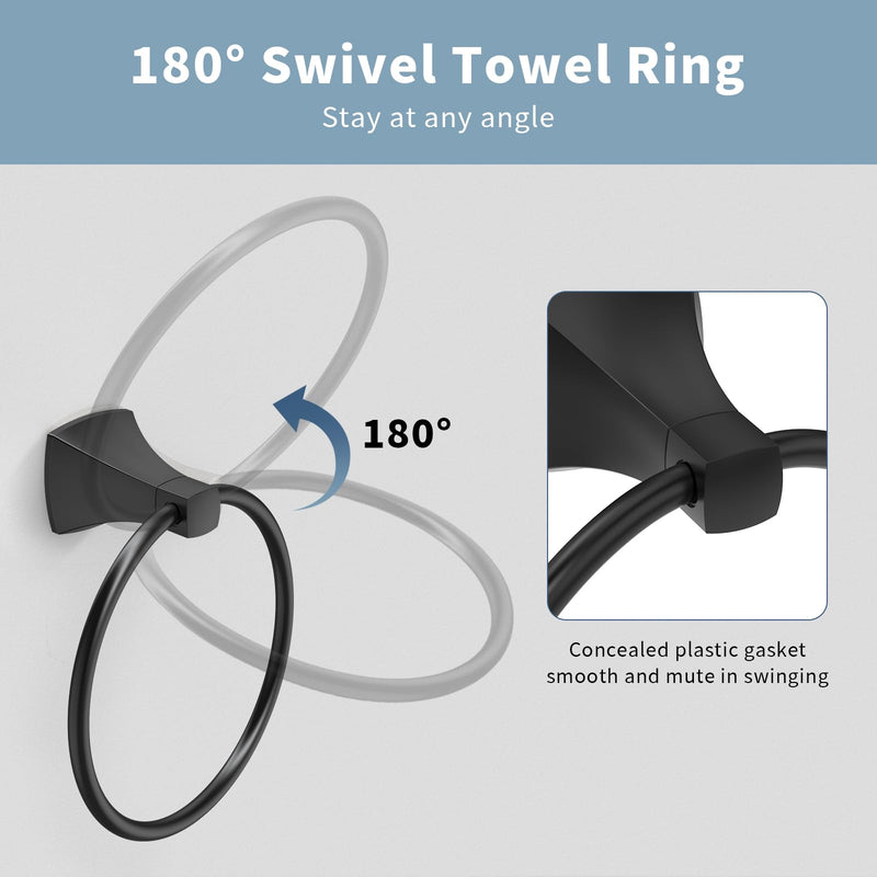 Hand Towel Holder for Bathroom Matte Black Towel Ring Stainless Steel and Zinc Alloy Towel Hanger Wall Mount for Bath, Kitchen, 2 Pack