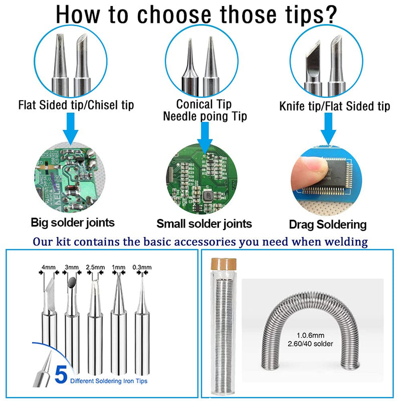 Soldering Iron Set, 60 W Soldering Iron Soldering Set with On/Off Switch 200-450 °C, Adjustable Temperature Button, 5 Soldering Tips, Curved Tweezers, Soldering Wire, Iron Stand with Sponge, Pro Electrical Engineering Repairs