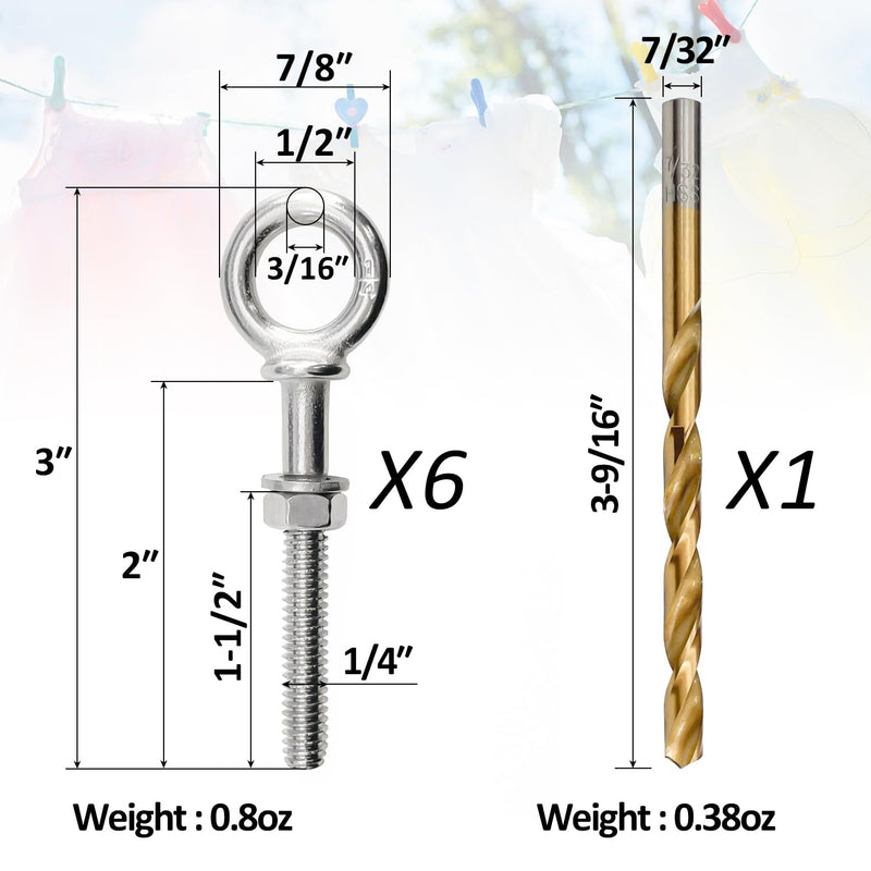 [Australia - AusPower] - Sutekus 1/4" x 3" Eye Bolt T316 Stainless Steel Shoulder Lifting Ring Threaded Eyebolts with Nuts Washers and Drill Bit, 6pack, Silver 