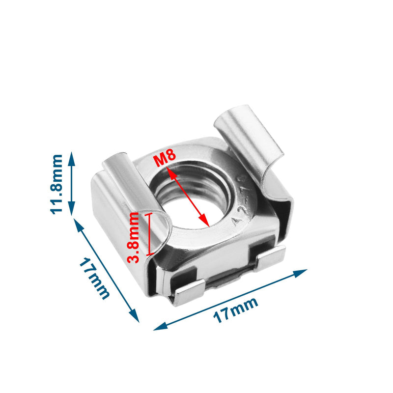 [Australia - AusPower] - 20pcs M8 Cage Nuts 304 Stainless Steel Nuts Assembly Kit for Network Cabinets Server Cabinets Electronics Casings Racks Silver M8 *1.25mm 
