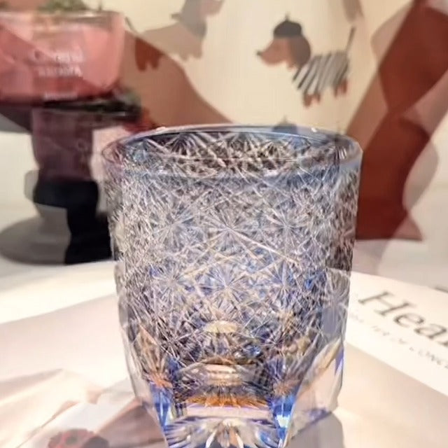 JEKE Edo style Color Hand Cut Crystal Glass Tumbler Whisky Gass 9 Oz Glassware with Luxury Gift Box,Cocktail-Vodka-Beer Drinkingware Glasses In Gift Carton (Blue) Blue
