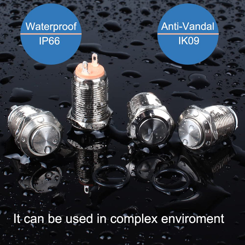 [Australia - AusPower] - 2-Pack 12mm Momentary Metal Waterproof Push Button Switch Raised Head 1/2" Mounting Hole with Pre-soldered Cable 250V 3A 1NO Momentary with Cable 