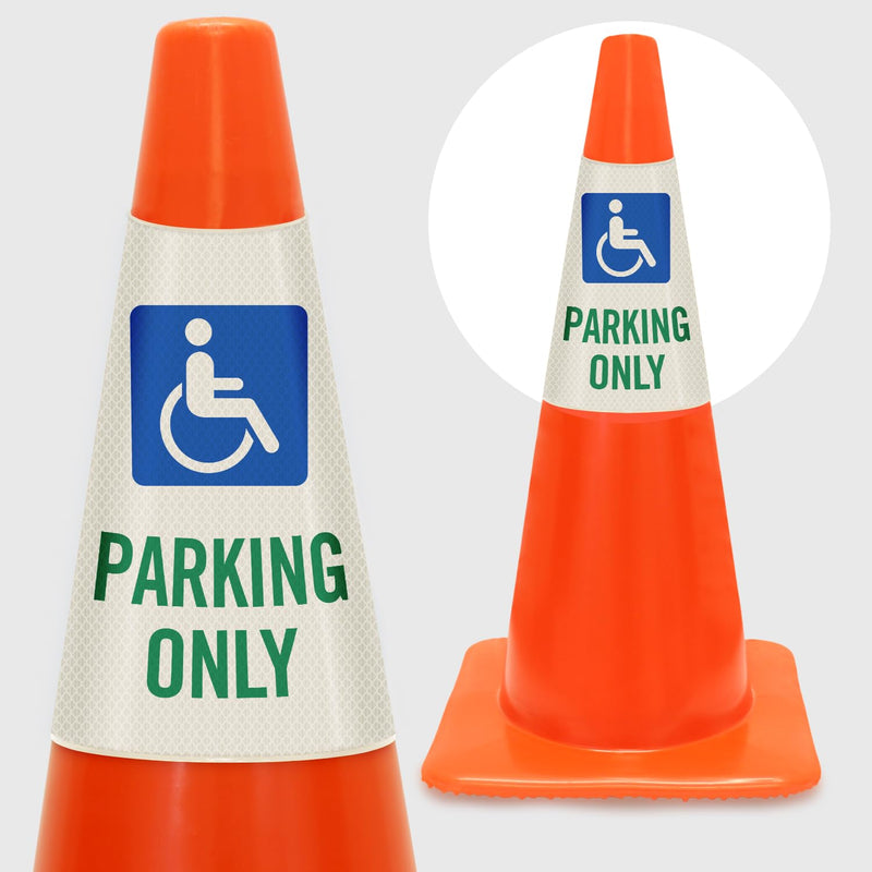 SmartSign 6-Pack "Handicapped Parking Only" Reflective Cone Message Sleeve Collar with Symbol, 360-Degree Visibility, Non-Adhesive Vinyl Signs for Traffic Safety Cones, 3-Side Print [Cone Not Included] Pack of 6 Handicapped Parking Only