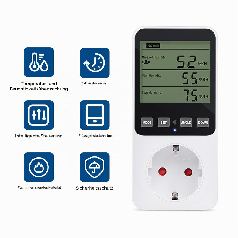 Humidity Regulator Temperature Controller Socket, Digital Hygrostat Humidity Controller 16A 230V with Sensor, Temperature Switch and Humidity Controller for Indoors, Greenhouse, Aquarium