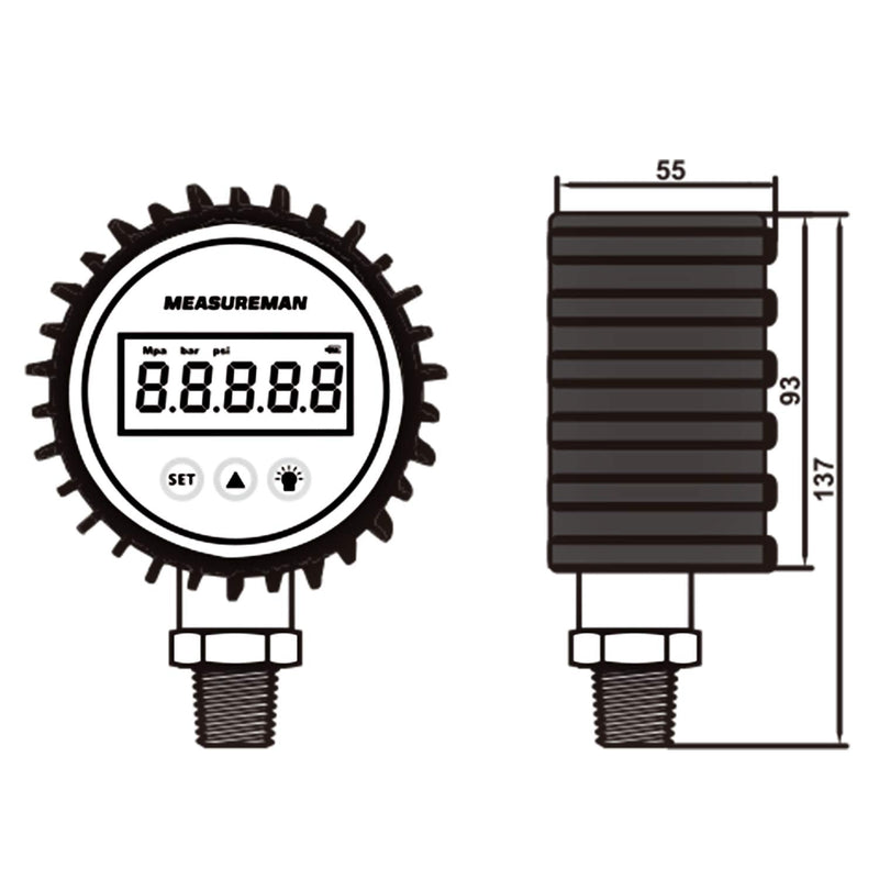 [Australia - AusPower] - MEASUREMAN 3-1/8" Dial Size, Digital Pressure Gauge, 0-3000psi/bar/Mpa, 1/4" NPT Lower Mount, 0.25% Accuracy 