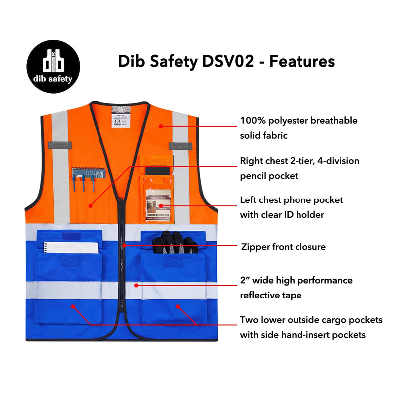 Dib Safety Reflective Safety Vest for Men Women, High Visibility Vest with Pockets and Zipper, ANSI Class 2 X-Large Orange & Blue