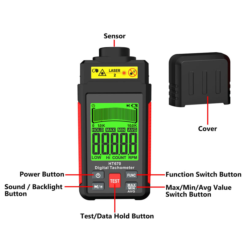 [Australia - AusPower] - Digital Tachometer Non-Contact RPM Meter (10-99999 RPM), High Accuracy Laser Digital Tachometer Tester with Reflective Tape, Backlit LCD, Data Hold & MAX/MIN/AVG Functions 