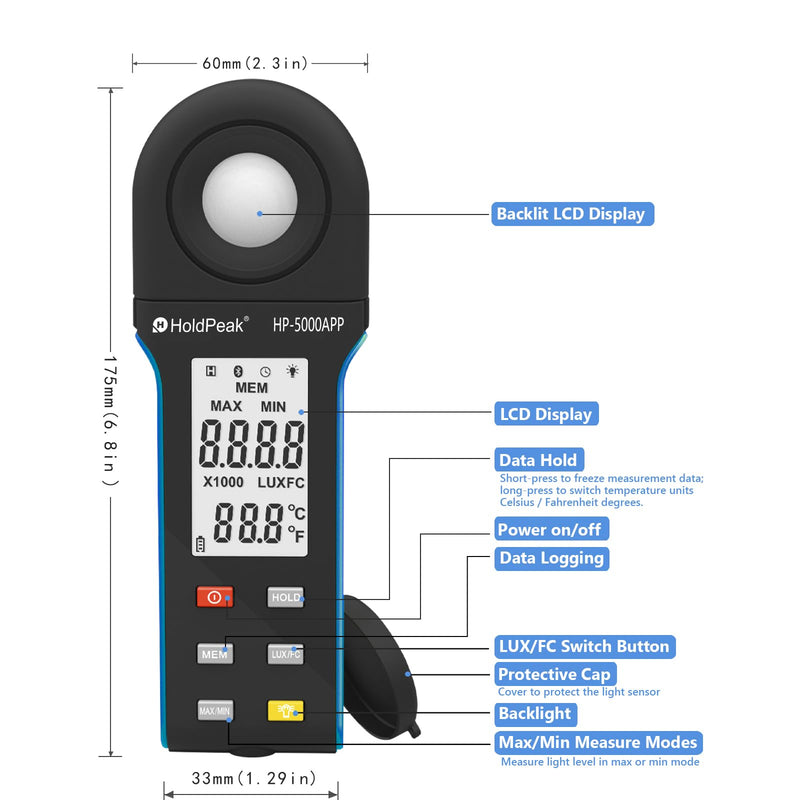 HoldPeak Illuminance Light Meter with Bluetooth, Digital Lux Foot Candles Meter 0.1~400,000 Lux with 270º Rotating Sensor, Lumen Meter Luxmeter for Plants, Car Headlights, Home & Office LEDs 5000APP-with APP Function