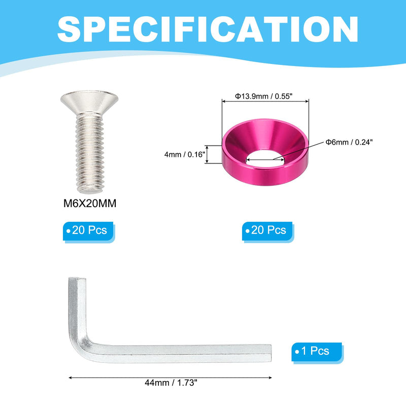 [Australia - AusPower] - PATIKIL M6 Finish Countersunk Washer Kit, 20 Set Aluminum Alloy Flat Cup Head Screw Bolt Gasket for Mechanical Accessories Parts DIY Models, Rose Red 