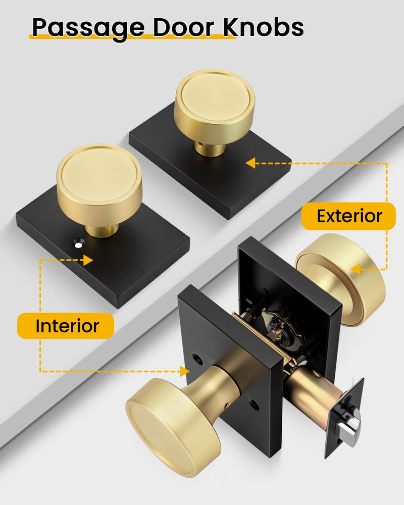 Goldenwarm Black Gold Closet Door Knob Interior, Zinc Alloy Matte Black Gold Passage Interior Door Knob, Rectangular Heavy Duty Modern Indoor DoorKnob for Closet, Hallway, 1 Pack Black Gold with Ring