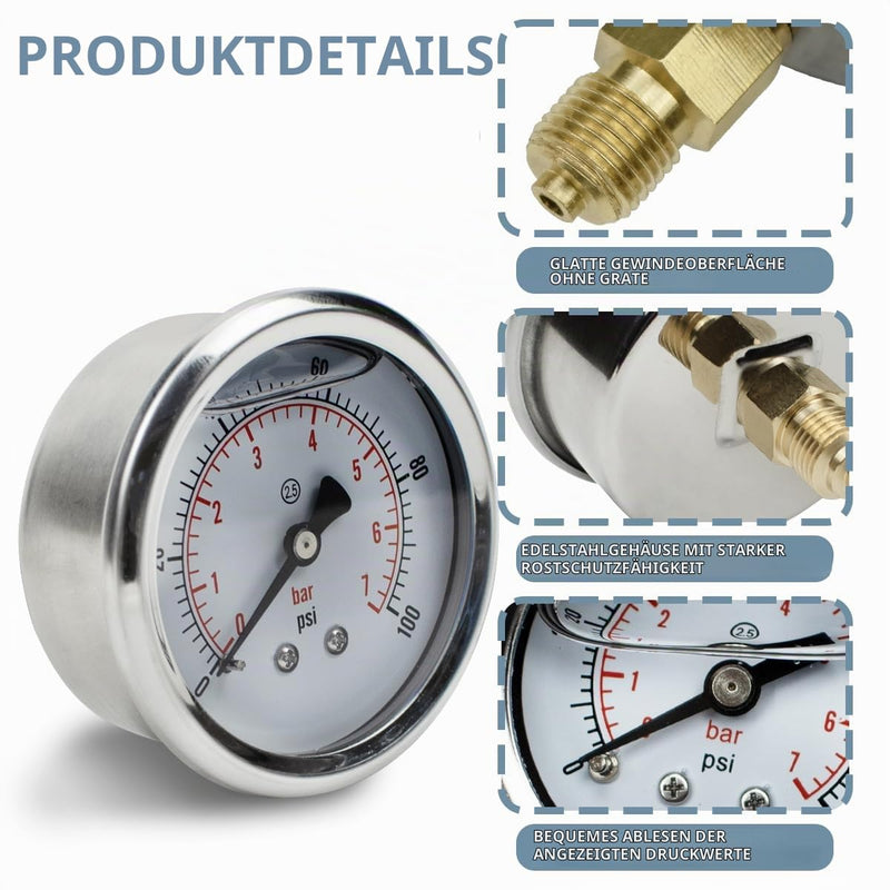 1-Pcs 40 mm Pressure Gauge BSP 1/8 Inch 0-7 Bar 0 ~ 100 Psi with 3 Pieces Socket 1/8 Inch to 1/4 Inch, 1/8 Inch to 3/8 Inch and 1/8 Inch to 1/2 Inch and Teflon Tape, Axial 40MM, 7bar(100psi)
