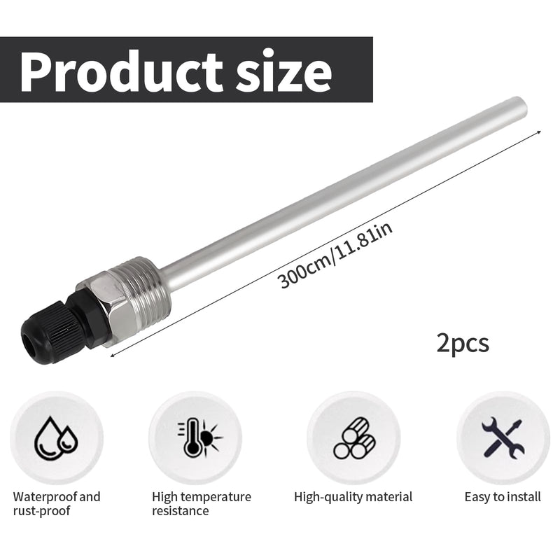 [Australia - AusPower] - Pack of 2 Immersion Sleeve G 1/2 Inch 300 mm, 304 Stainless Steel Thermowell Thread Immersion Sleeves for Temperature Sensor 8 x 300 mm, Immersion Protection Tubes for Thermocouples 