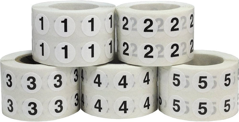 Numbers 1-5 Bulk Pack Office Warehouse Organization Inventory Stickers 1/2 Inch 1,000 Per Roll 5,000 Total Stickers