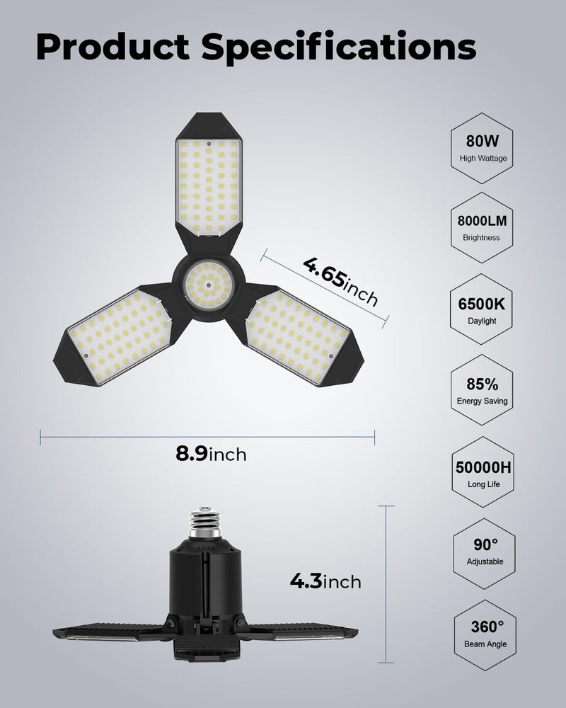 [Australia - AusPower] - LED Garage Light Bulb, 8000LM Shop Lights with 3+1 Deformable Panels, 6500K Screw in Ceiling Lights for Garage, Workshop, Workbench, Basement 1 Pack 