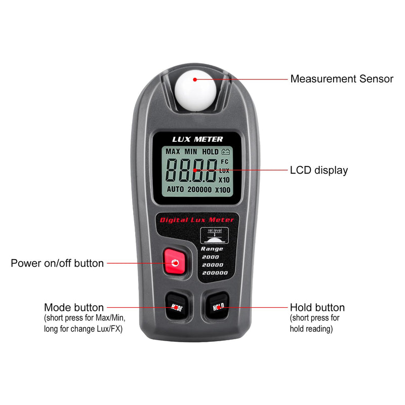 [Australia - AusPower] - Light Meter, Handheld Lux Meter for Lighting Intensity Brightness Measurement, Digital Light Intensity Meter Range up to 200,000 Lux, Illuminance Sensor with MAX/MIN, Data Hold 