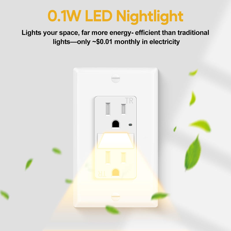 5 Pack 15A Outlet with Night Light 2-in-1, Auto Dusk to Dawn TR ETL | Tamper-Resistant Wall Outlet with Auto LED Night Light, 0.1W Energy Efficient for Bedroom Hallway Kitchen Bathroom 5