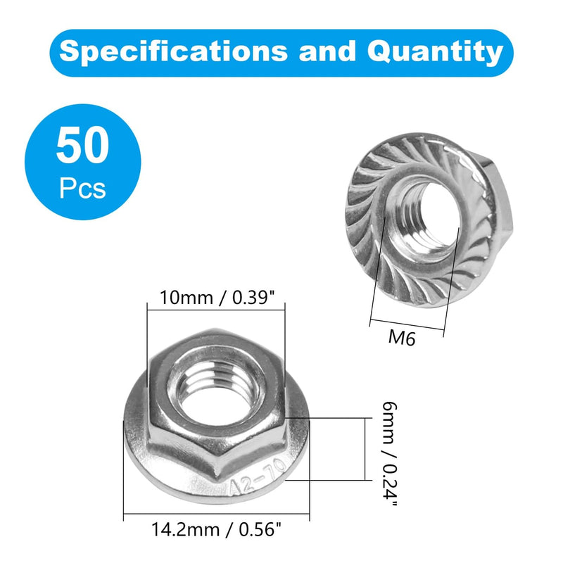 [Australia - AusPower] - Yinpecly 50 Pcs M6 x 1mm Serrated Flange Hex Nuts, M6 Hexagon Flange Nuts,304 Stainless Steel, Metric Hex Lock Nuts, Locknuts Replacement Nut Full Thread for Industrial Construction Fasteners M6（50pcs） 
