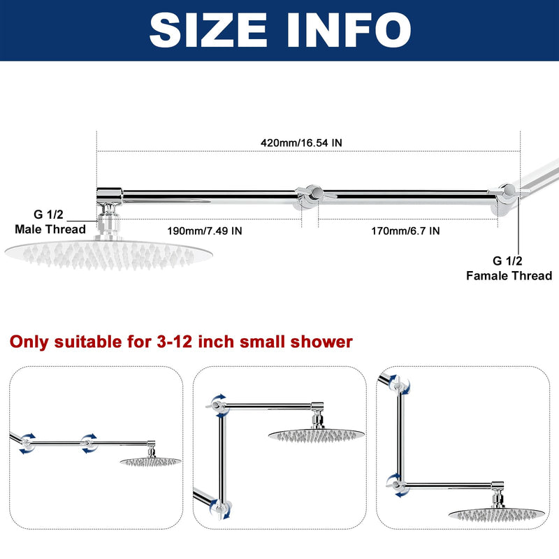 NearMoon Adjustable Shower Arm, Shower Extension Arm Universal Connection, Rise or Lower Shower Head, Adjust Height/Angle to Upgrade Shower Experience, Anti-Leak, 16 Inch (Chrome) Chrome