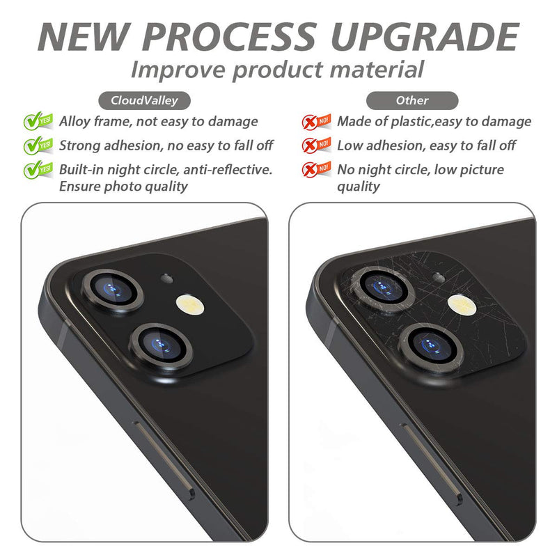 [Australia - AusPower] - Camera Lens Protector for iphone 12/12 Mini / 11, Tempered Glass Film, Aluminum Alloy Screen Cover, 2 Pack Black, with Cleaning Kit 