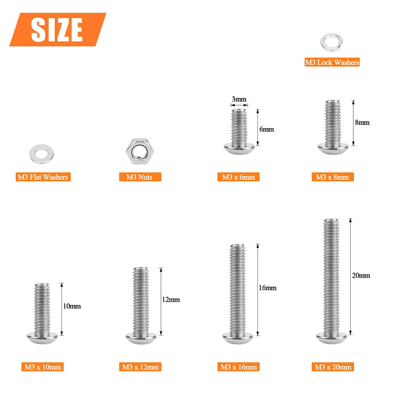 [Australia - AusPower] - 500 Pieces M3 x 6mm /8mm /10mm /12mm /16mm /20mm, Hex Button Head Cap Metric Screws Bolts Washers Nuts Kit, 304 Stainless Steel 