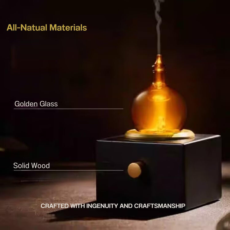 Cordless Aroma Oil Nebulizer - Waterless Diffuser for Essential Oil with Glass & Wood, Rechargeable Portable Nebulizing Machine, Battery Operated up to 40h - Gold & Fire Original Design No Scents Included