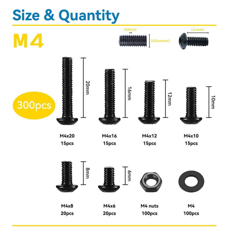 [Australia - AusPower] - 300Pcs M4 Screw Assortment Button Head Socket Cap, M4*6mm, 8mm, 10mm, 12mm, 16mm, 20mm, Metric Bolts Nuts Washers Kit with 1 Hex Allen Wrench, Black Zinc Plated Anti Rust Upgrade M4 300Pcs 6mm-20mm 