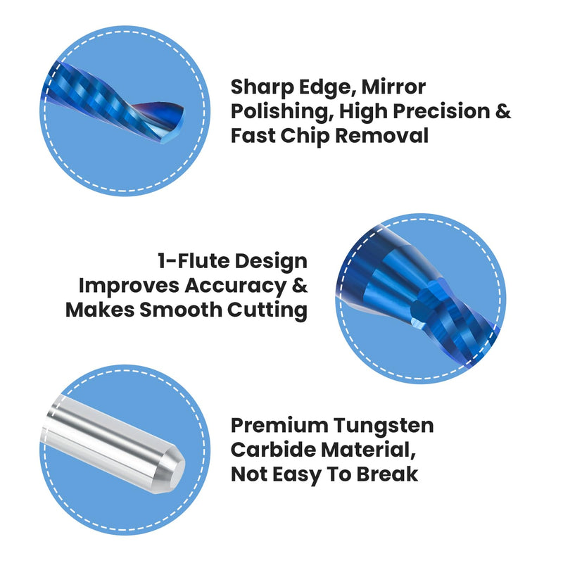 HQMaster 10 Pack O Flute CNC Router Bits, 1/8” Shank Spiral Upcut Single Flute End Mill Set Milling Cutter 2mm Cutting Dia. Tungsten Carbide Engraving Tool 8mm CEL, 38.5mm OAL for MDF Acrylic PVC 3.175 x 2 x 8 mm