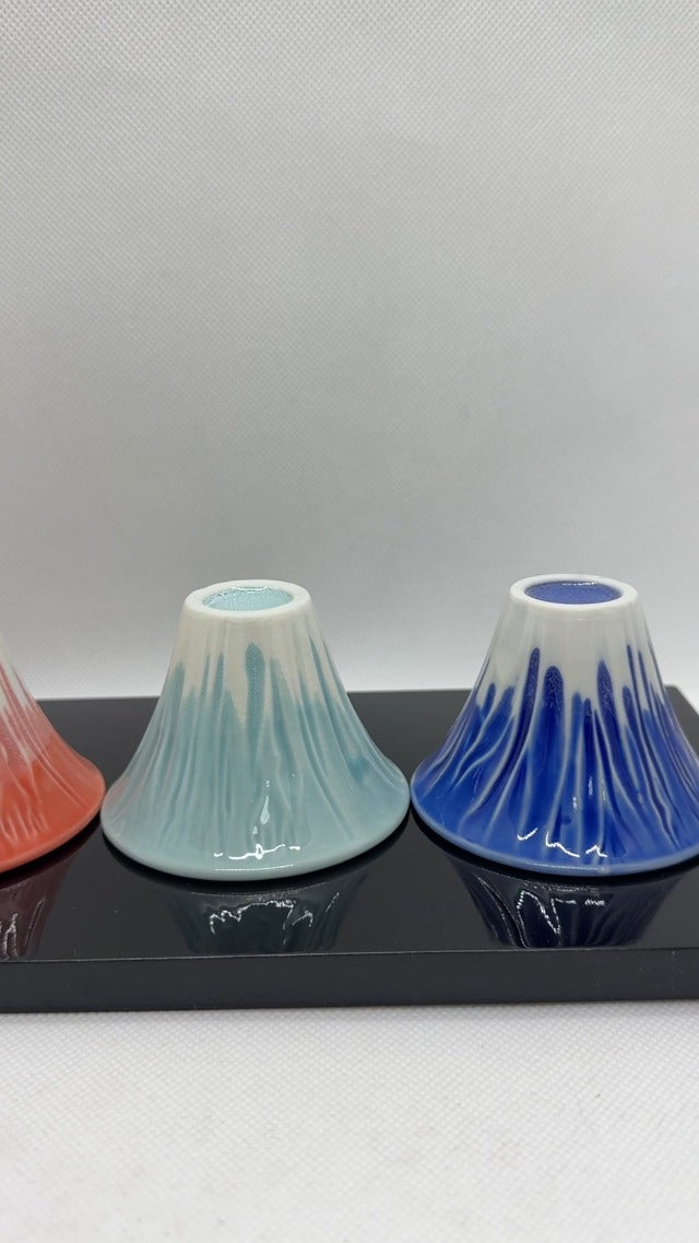 Japanese Sake Cup Mount Fuji Design Wine Soju Porcelain Ochoko Gifts (Blue Red Snow, 3 Ochoko) Blue Red Snow