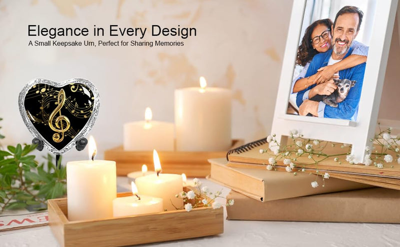 Musical Notes Heart Keepsake Urn for Human Ashes – Black Small Sharing Urn for Men & Women – Music Memorial with Stand & Velvet Bag