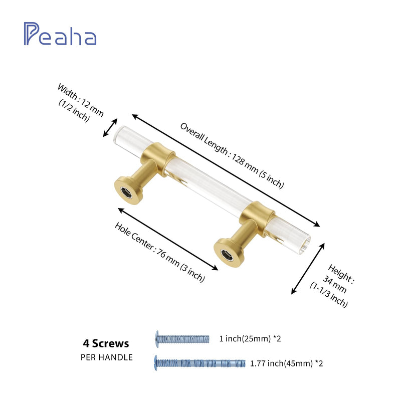 Peaha Acrylic Drawer Pulls Kitchen Cabinet Handle Gold Dresser Drawer Pull Brushed Brass Cabinet Hardware T Bar Cabinet Pulls, 3in Hole Center, 5 Inch Overall Length, 10 Pack 3in(76mm) Hole Center Matte Gold
