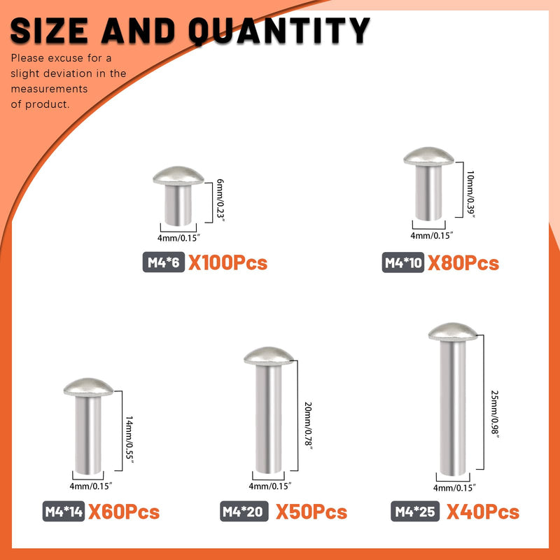 [Australia - AusPower] - Tanstic 330Pcs M4 Solid Aluminum Brazier Head Rivets, 6mm 10mm 14mm 20mm 25mm Length Solid Aluminum Rivets for Machinery Automobile Industry 