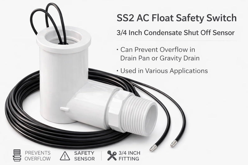 SS2 AC Float Switch AC Float Safety Switch HVAC 3/4 Inch Condensate Shut Off Sensor Can Prevent Overflow in Drain Pan or Gravity Drain Used in Various Applications. ECWB 1