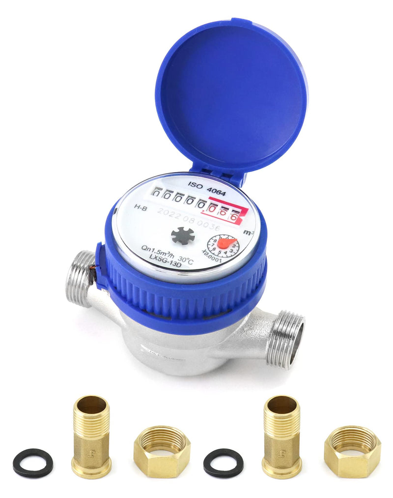 [Australia - AusPower] - QWORK Water Meter, 1/2" NPT 304 Stainless Steel Cold Water Flow Meter with Pulse Output, for Garden and Home Use, Includes 2 pcs 1/2"NPT Thread Adapter 