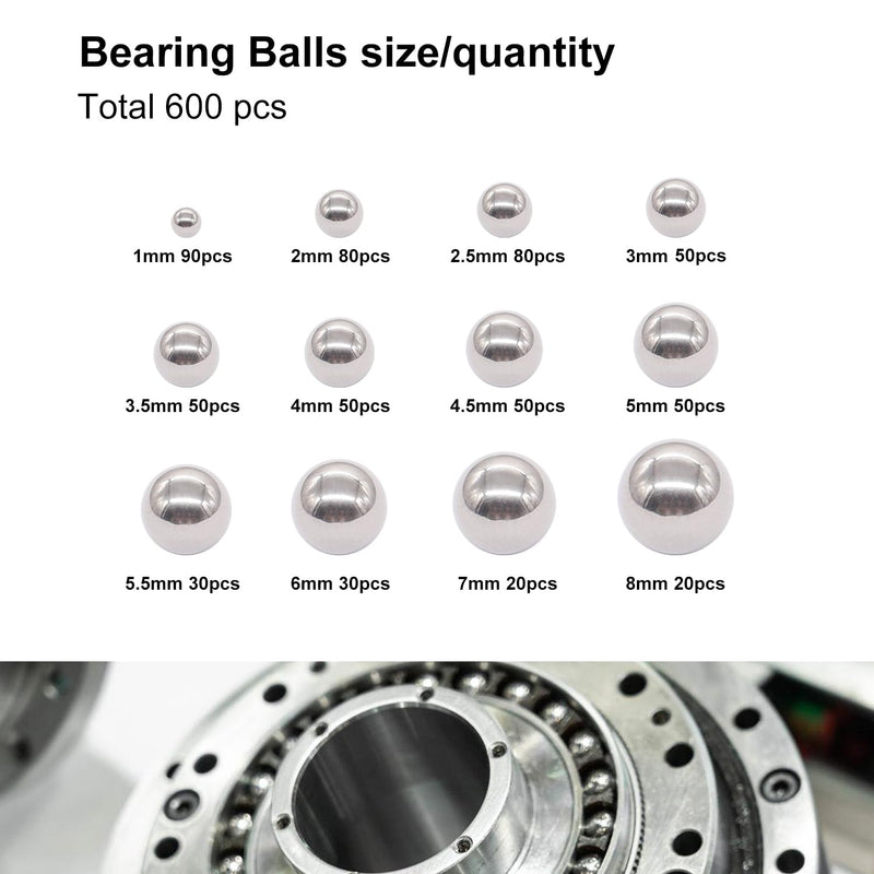 [Australia - AusPower] - weideer 600pcs 12 Size Stainless Steel Precision Steel Balls 1-8mm Metric Bicycle Bearing Balls Assortment Kit Mixing Balls 1mm 2mm 2.5mm 3mm 3.5mm 4mm 4.5mm 5mm 5.5mm 6mm 7mm 8mm K-085-600 