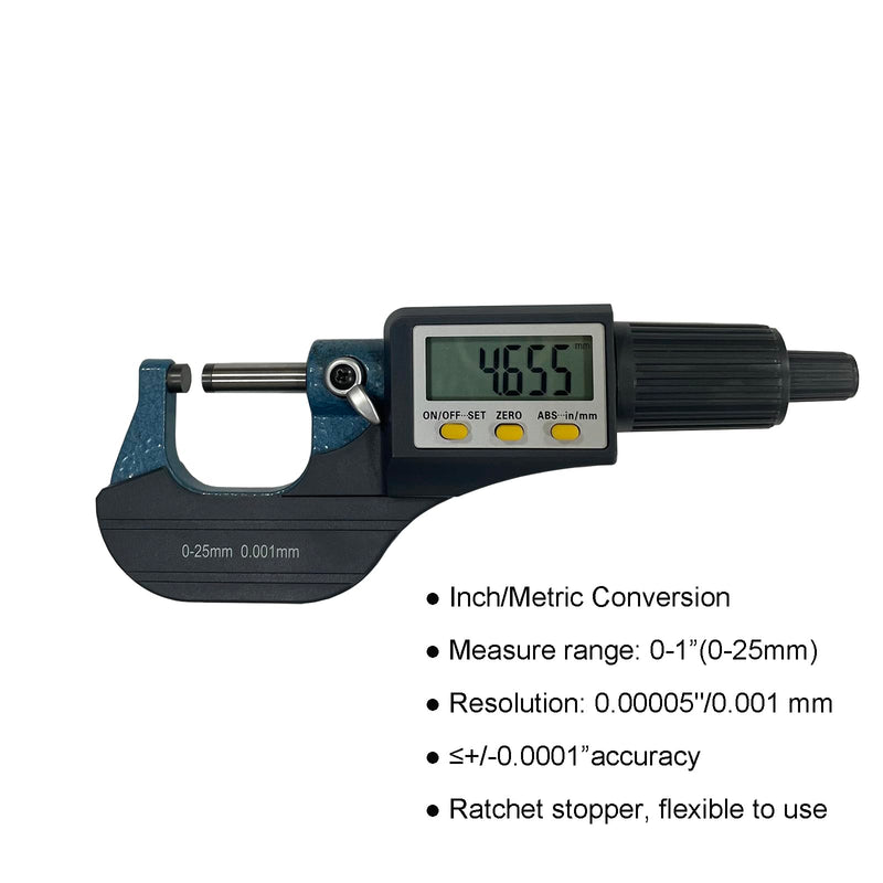 [Australia - AusPower] - Digital Outside Micrometer, MFQNENLK Digital Electronic Display Micrometer 0-1"/0-25mm, Professional Inch/Metric Measuring Tool 0.00005"/0.001 mm, with Protective Case & Battery 
