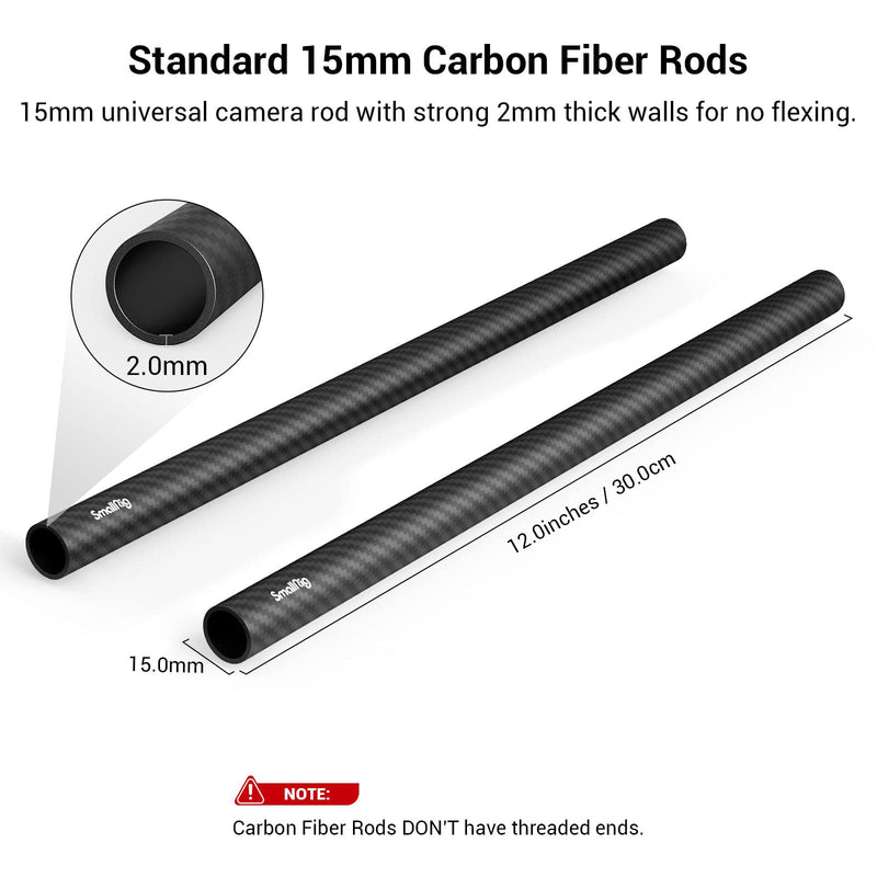 [Australia - AusPower] - SmallRig 15mm Carbon Fiber Rod for 15mm Rod Support System (Non-Thread), 12 inches Long, Pack of 2-851 Carbon Fiber Rod - 12" 