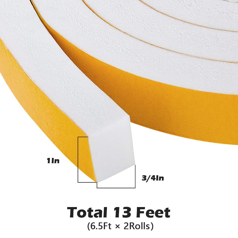 White Door Window Weather Stripping Self Adhesive Foam Tape 1 in × 3/4 in × 13 Ft, High Density Foam Sealing Strip Window Insulation Weatherproof Gasket Tape for Doors and Windows 1 In x 3/4 In x 13Ft White