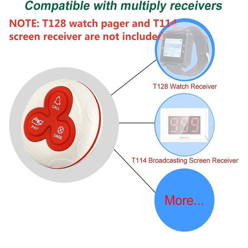 Retekess T114 Wireless Calling System Customers Caregiver Pager 5 PCS Waterproof 3-Key Call Buttons Compatible with T114 and T128 TD108 Receiver