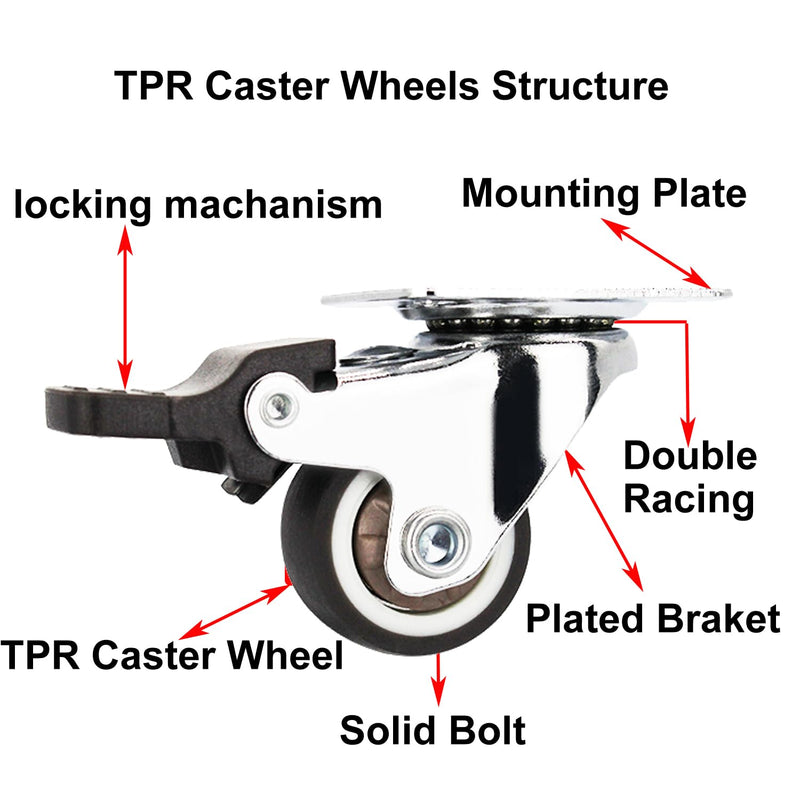 [Australia - AusPower] - 1" Low Profile Small Caster Wheels Set of 4 (2 Brakes+2 Non) 100 lbs Capacity,Quiet TPR Rubber Casters for Furniture, Cabinets&Laundry Carts, 360° Swivel, Scratch-Proof Floors 1" Top Plate 